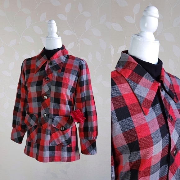 Vintage 60s 70s Buffalo Plaid Dagger Collar Handmade Popover Tunic Top Red Gray - Picture 1 of 16